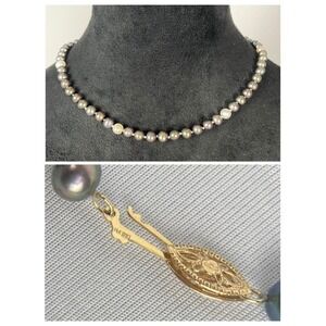 Vtg 14k Gold DIL Tahitian Peacock Black & White Knotted Pearls‎ Necklace 18" 8mm